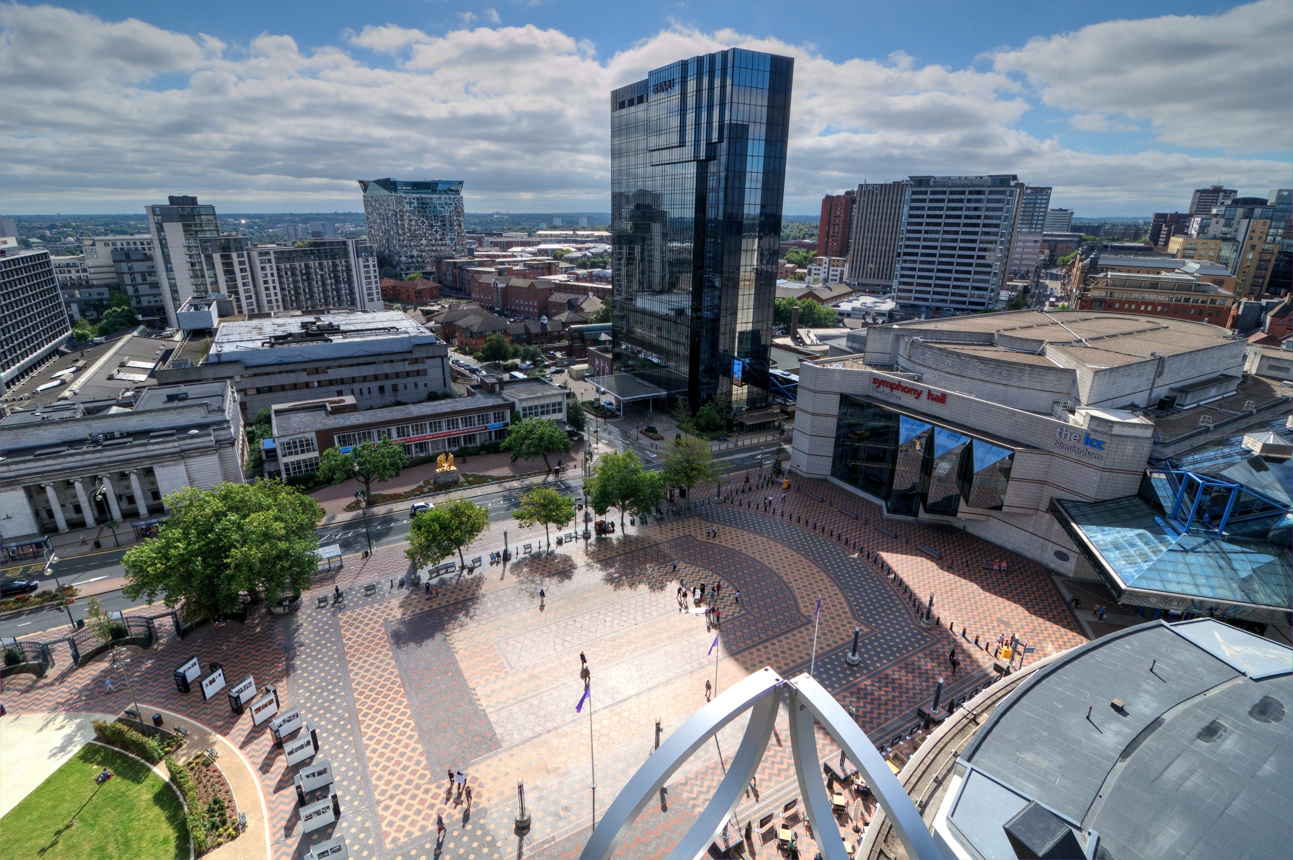 Elevated view of Centenary Square, Birmingham from the library, UK.