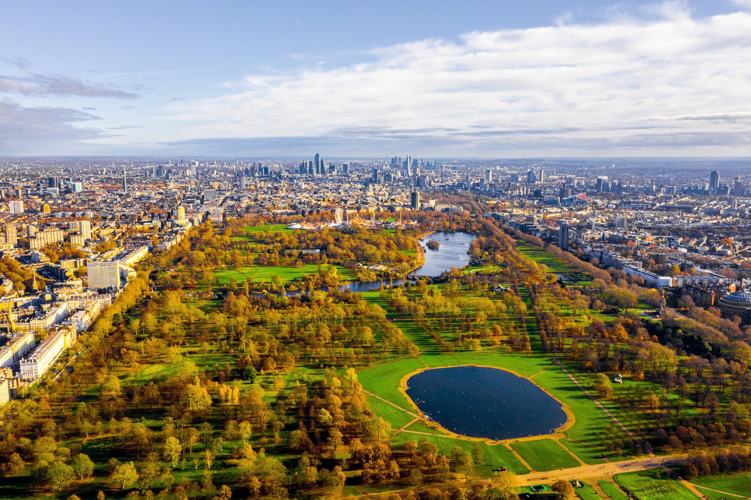 Beautiful aerial panoramic view of the Hyde park in London, United Kingdom. Beautiful aerial panoramic view of the Hyde park in London, United Kingdom.