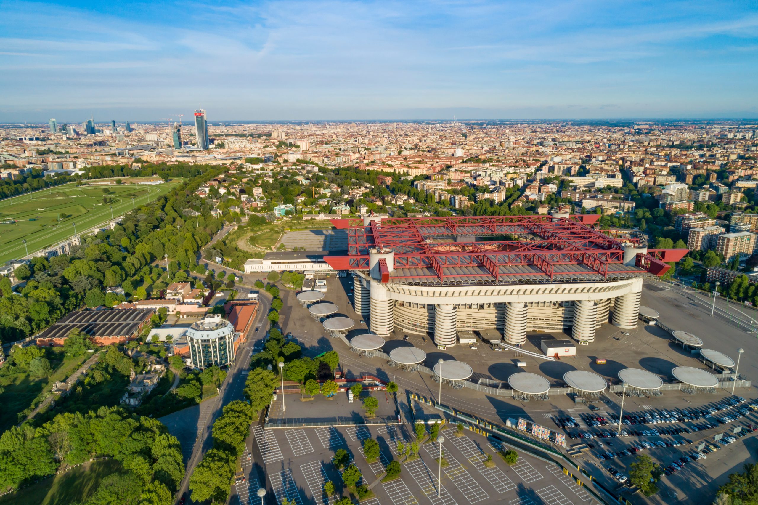 Aerial panoramic view of Milan (Italy) cityscape with the soccer stadium, known as San Siro Stadium Aerial panoramic view of Milan (Italy) cityscape with the soccer stadium, known as San Siro Stadium