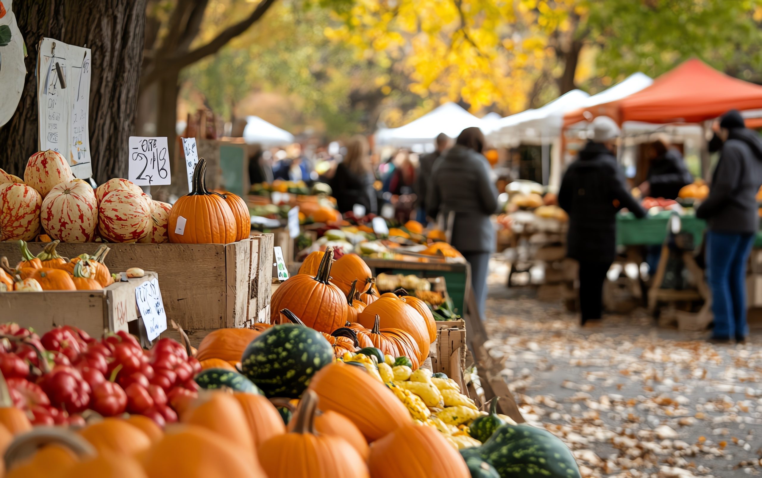 Fall harvest festival with pumpkins and gourds for sale at outdoor market.
