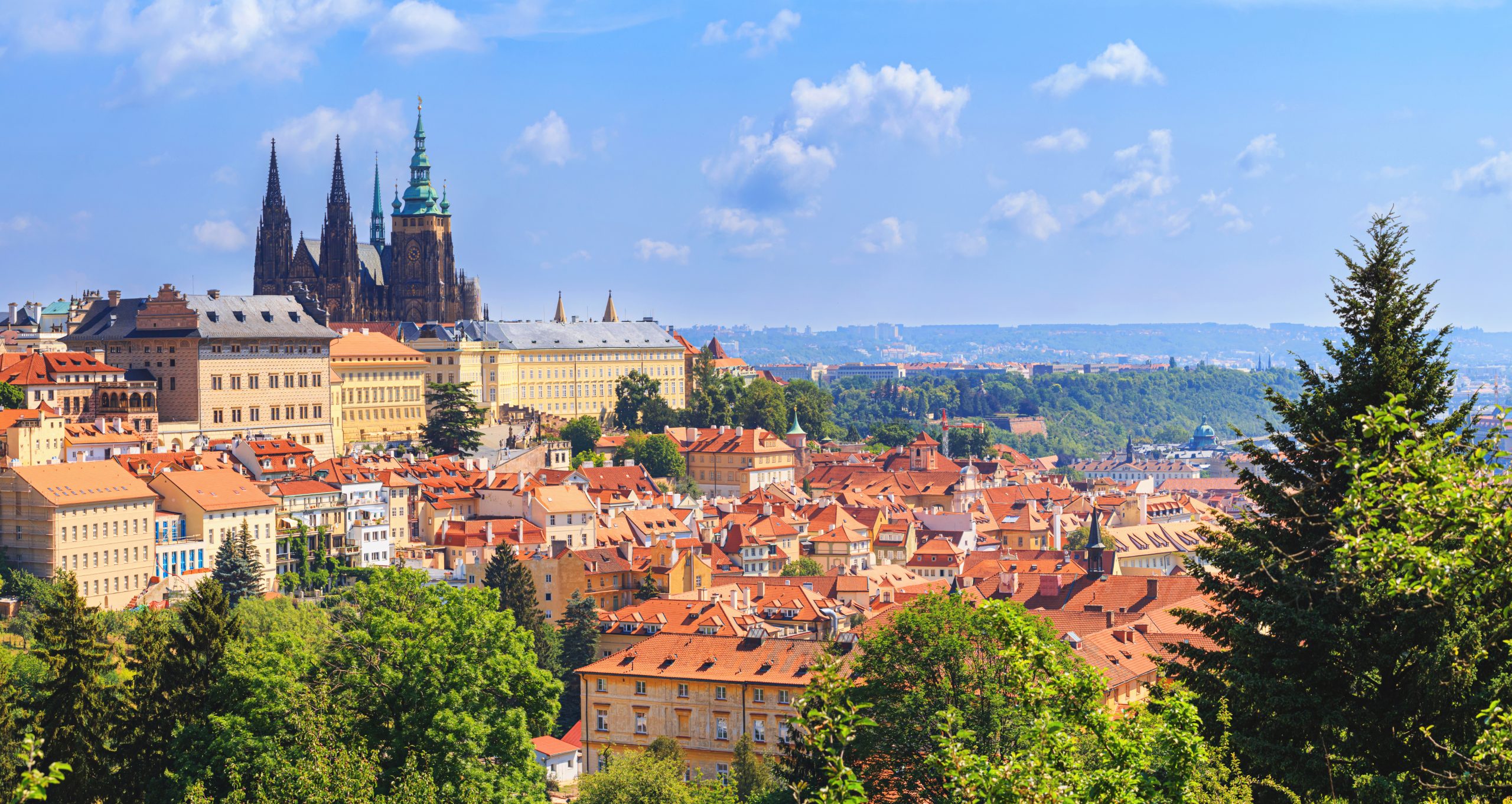 Summer cityscape, panorama, banner – view of the Mala Strana historical district and castle complex Prague Castle